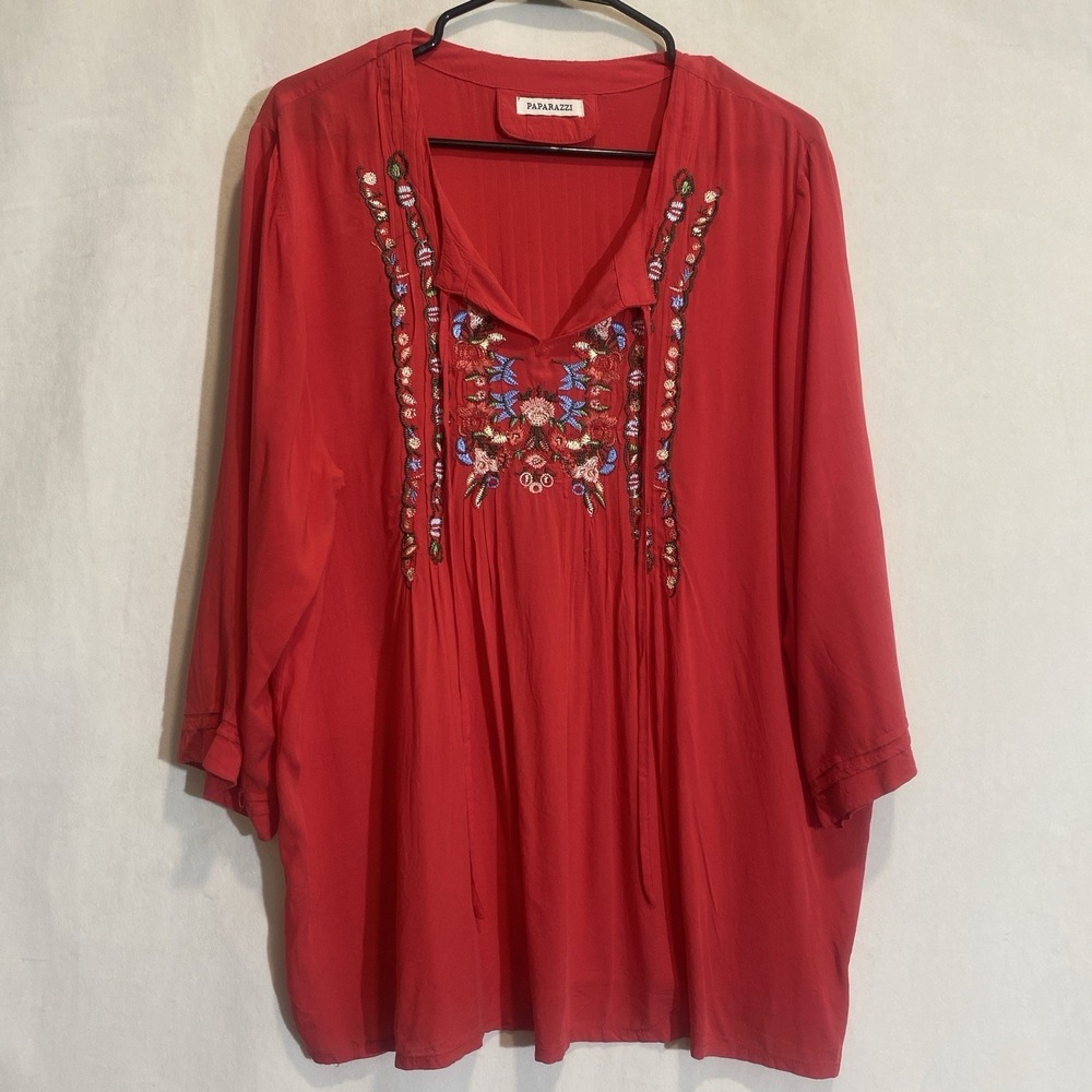 Paparazzi Embroidered Top Tunic Blouse Woman Sz L Boho Lagen Look Appliqué